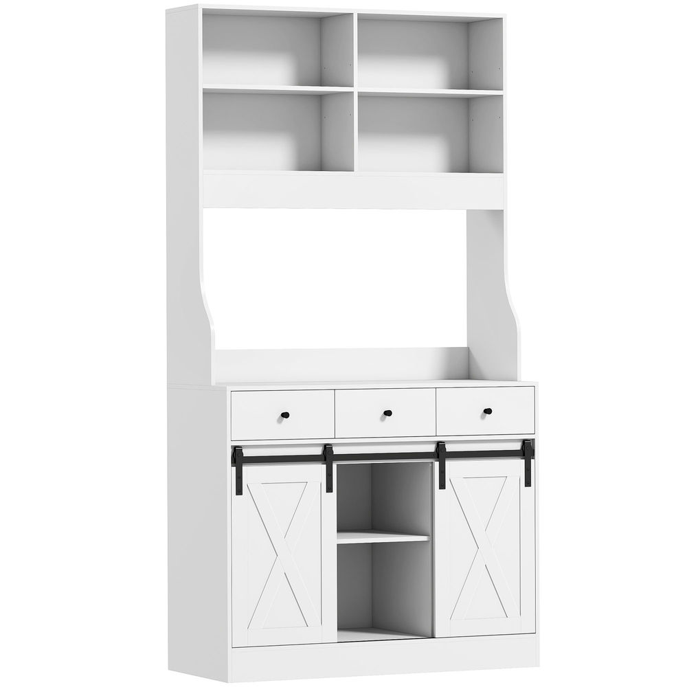 Homcom alacena de cocina mueble auxiliar de cocina con 2 puertas corredizas 3 cajones encimera para microondas y estantes ajustables estilo granja blanco 93,5x40x180 cm