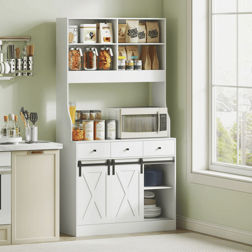 HOMCOM Armário de Cozinha Móvel Auxiliar de Cozinha com 2 Portas Corrediças 3 Gavetas Bancada para Micro-Ondas e Prateleiras Ajustáveis 93,5x40x180 cm Branco