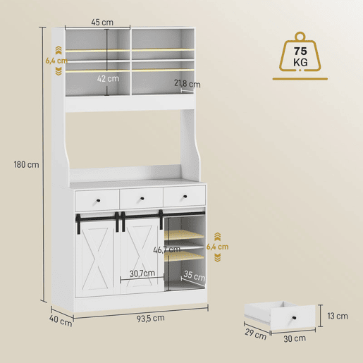 HOMCOM Armário de Cozinha Móvel Auxiliar de Cozinha com 2 Portas Corrediças 3 Gavetas Bancada para Micro-Ondas e Prateleiras Ajustáveis 93,5x40x180 cm Branco