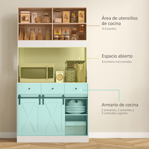 HOMCOM Armário de Cozinha Móvel Auxiliar de Cozinha com 2 Portas Corrediças 3 Gavetas Bancada para Micro-Ondas e Prateleiras Ajustáveis 93,5x40x180 cm Branco