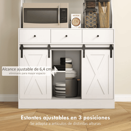 HOMCOM Armário de Cozinha Móvel Auxiliar de Cozinha com 2 Portas Corrediças 3 Gavetas Bancada para Micro-Ondas e Prateleiras Ajustáveis 93,5x40x180 cm Branco