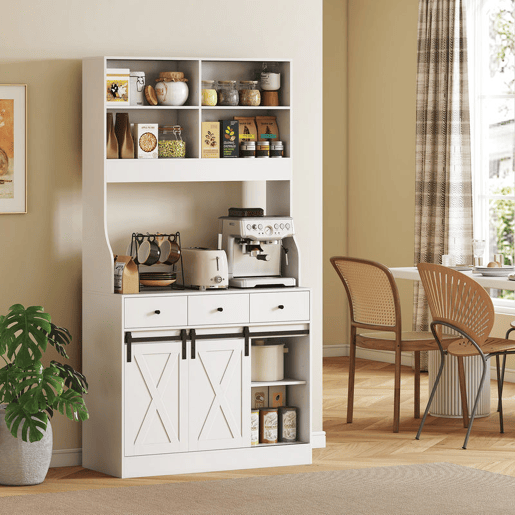 HOMCOM Armário de Cozinha Móvel Auxiliar de Cozinha com 2 Portas Corrediças 3 Gavetas Bancada para Micro-Ondas e Prateleiras Ajustáveis 93,5x40x180 cm Branco