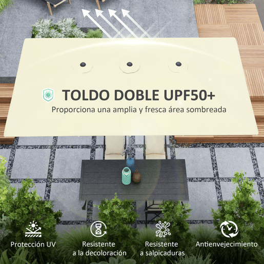 Outsunny Chapéu de Sol Duplo 4,5x2,6 m Chapéu de Sol de Jardim com Manivela Mastro de Alumínio Impermeável e Proteção UV50+ Chapéu de Sol Grande para Exterior Piscina Creme