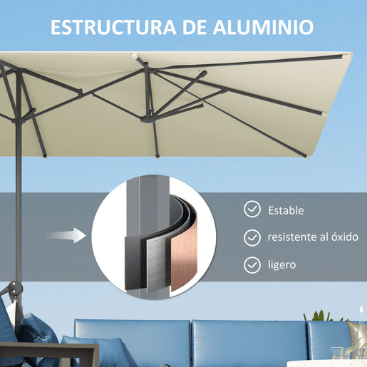 Outsunny Chapéu de Sol Duplo 4,5x2,6 m Chapéu de Sol de Jardim com Manivela Mastro de Alumínio Impermeável e Proteção UV50+ Chapéu de Sol Grande para Exterior Piscina Creme