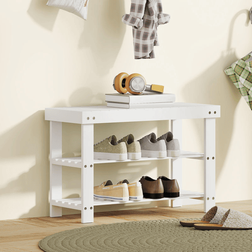 HOMCOM Banco Sapateira de Bambu Sapateira com Assento Organizador de Sapatos com 2 Prateleiras para 6-9 Pares de Sapatos para Entrada Sala de Estar Dormitório 70x28x45 cm Branco