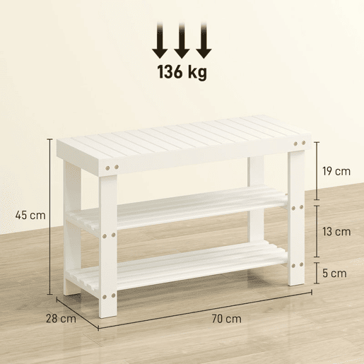 HOMCOM Banco Sapateira de Bambu Sapateira com Assento Organizador de Sapatos com 2 Prateleiras para 6-9 Pares de Sapatos para Entrada Sala de Estar Dormitório 70x28x45 cm Branco