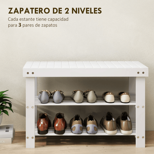 HOMCOM Banco Sapateira de Bambu Sapateira com Assento Organizador de Sapatos com 2 Prateleiras para 6-9 Pares de Sapatos para Entrada Sala de Estar Dormitório 70x28x45 cm Branco
