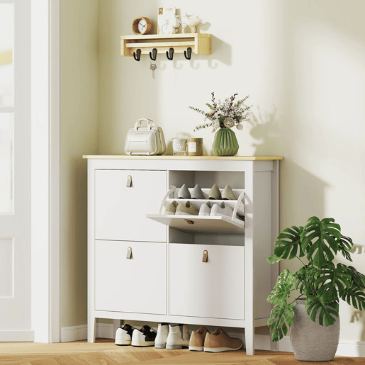 HOMCOM Sapateira Estreita Móvel Sapateira para Entrada com 4 Gavetas Abatíveis Prateleiras Ajustáveis e Puxadores em PU para 20 Pares de Sapatos para Corredor 105x24x95,5 cm Branco