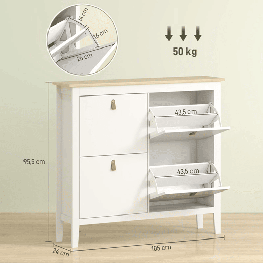 HOMCOM Sapateira Estreita Móvel Sapateira para Entrada com 4 Gavetas Abatíveis Prateleiras Ajustáveis e Puxadores em PU para 20 Pares de Sapatos para Corredor 105x24x95,5 cm Branco