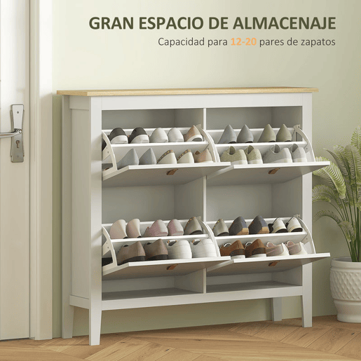 HOMCOM Sapateira Estreita Móvel Sapateira para Entrada com 4 Gavetas Abatíveis Prateleiras Ajustáveis e Puxadores em PU para 20 Pares de Sapatos para Corredor 105x24x95,5 cm Branco