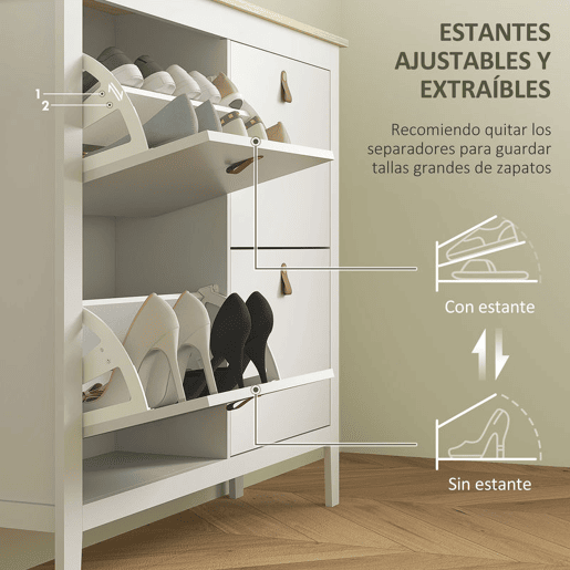HOMCOM Sapateira Estreita Móvel Sapateira para Entrada com 4 Gavetas Abatíveis Prateleiras Ajustáveis e Puxadores em PU para 20 Pares de Sapatos para Corredor 105x24x95,5 cm Branco
