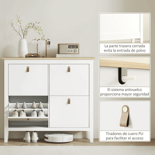 HOMCOM Sapateira Estreita Móvel Sapateira para Entrada com 4 Gavetas Abatíveis Prateleiras Ajustáveis e Puxadores em PU para 20 Pares de Sapatos para Corredor 105x24x95,5 cm Branco