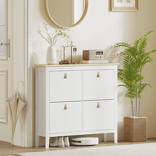 HOMCOM Sapateira Estreita Móvel Sapateira para Entrada com 4 Gavetas Abatíveis Prateleiras Ajustáveis e Puxadores em PU para 20 Pares de Sapatos para Corredor 105x24x95,5 cm Branco