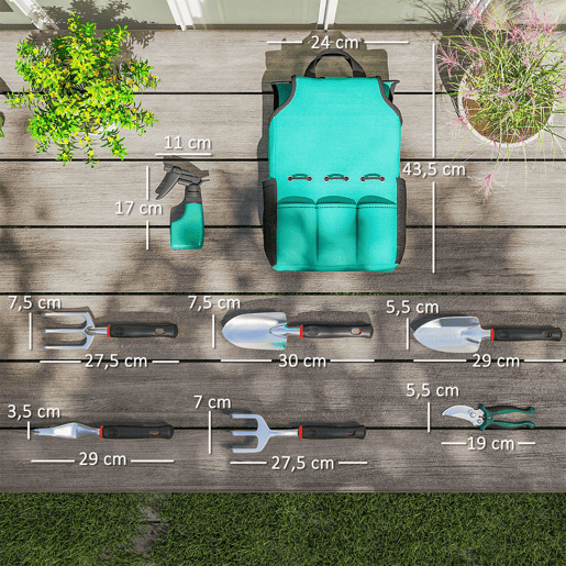 Outsunny Conjunto de Ferramentas para Jardim de 9 Peças Conjunto de Ferramentas de Jardinagem em Alumínio com Tesouras de Podar com Bloqueio Seguro e Bolsa de Jardim Verde e Preto