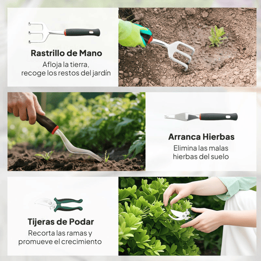 Outsunny Conjunto de Ferramentas para Jardim de 9 Peças Conjunto de Ferramentas de Jardinagem em Alumínio com Tesouras de Podar com Bloqueio Seguro e Bolsa de Jardim Verde e Preto