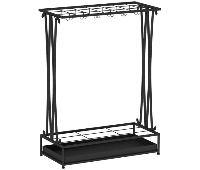 Homcom paragüero moderno rectangular soporte de paraguas de acero con 24 ganchos 21 espacios y bandeja recogegotas extraíble paragüero para entrada oficina 50x24x68 cm negro