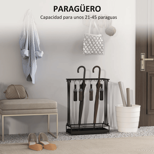 HOMCOM Suporte para Guarda-Chuva Moderno Retangular Suporte para Guarda Chuvas de Aço com 24 Ganchos 21 Espaços e Bandeja Recolhedora de Gotas Amovível para Entrada Escritório 50x24x68 cm Preto