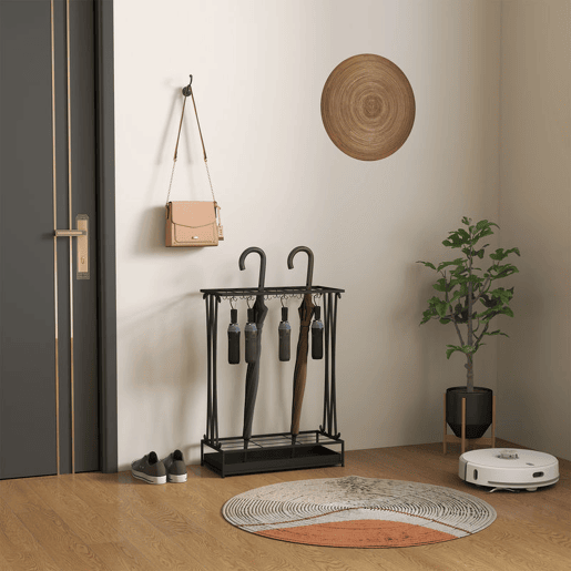 HOMCOM Suporte para Guarda-Chuva Moderno Retangular Suporte para Guarda Chuvas de Aço com 24 Ganchos 21 Espaços e Bandeja Recolhedora de Gotas Amovível para Entrada Escritório 50x24x68 cm Preto