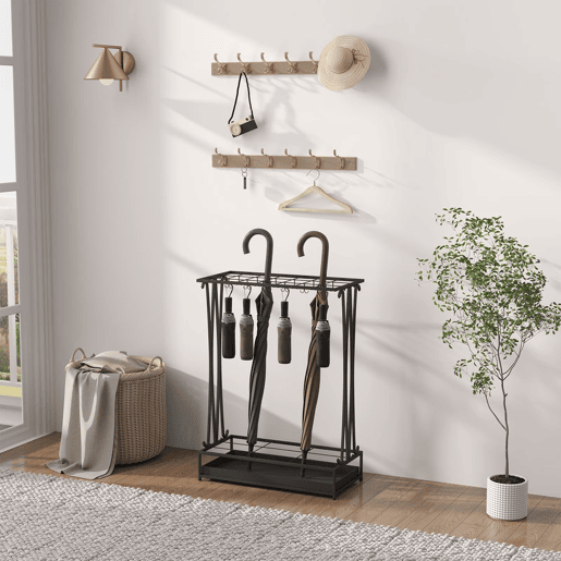 HOMCOM Suporte para Guarda-Chuva Moderno Retangular Suporte para Guarda Chuvas de Aço com 24 Ganchos 21 Espaços e Bandeja Recolhedora de Gotas Amovível para Entrada Escritório 50x24x68 cm Preto