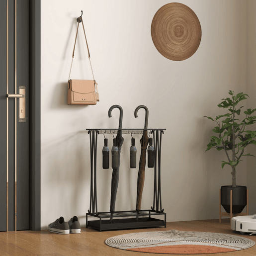 HOMCOM Suporte para Guarda-Chuva Moderno Retangular Suporte para Guarda Chuvas de Aço com 24 Ganchos 21 Espaços e Bandeja Recolhedora de Gotas Amovível para Entrada Escritório 50x24x68 cm Preto