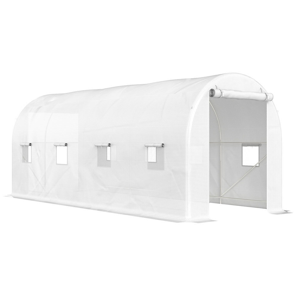 Outsunny invernadero de túnel 500x200x205 cm invernadero de jardín con puerta enrollable y 8 ventanas cubierta pe 140 g/m² marco de metal para cultivo plantas verduras blanco