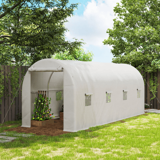 Outsunny Estufa tipo Túnel 500x200x205 cm Estufa de Jardim com Porta Enrolável e 8 Janelas Cobertura de PE 140 gm² Estrutura de Metal para Cultivo de Plantas Verduras Branco