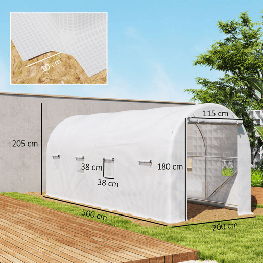 Outsunny Estufa tipo Túnel 500x200x205 cm Estufa de Jardim com Porta Enrolável e 8 Janelas Cobertura de PE 140 gm² Estrutura de Metal para Cultivo de Plantas Verduras Branco