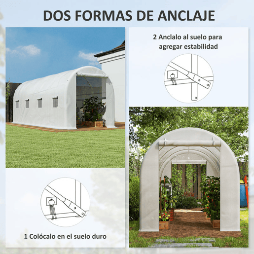 Outsunny Estufa tipo Túnel 500x200x205 cm Estufa de Jardim com Porta Enrolável e 8 Janelas Cobertura de PE 140 gm² Estrutura de Metal para Cultivo de Plantas Verduras Branco