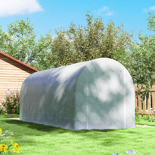 Outsunny Estufa tipo Túnel 500x200x205 cm Estufa de Jardim com Porta Enrolável e 8 Janelas Cobertura de PE 140 gm² Estrutura de Metal para Cultivo de Plantas Verduras Branco
