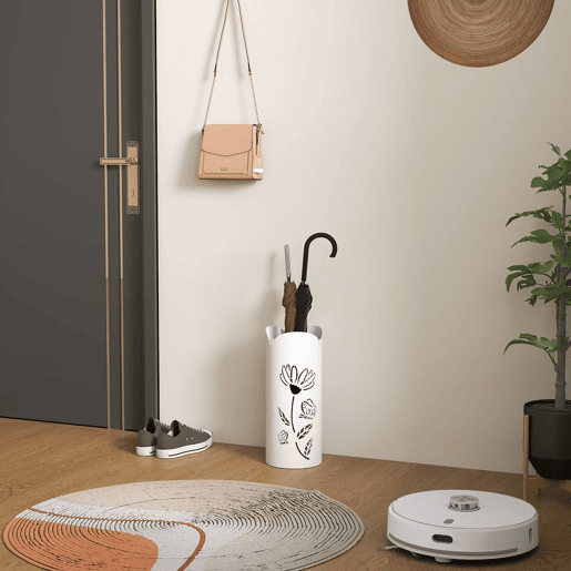 HOMCOM Suporte para Guarda Chuva em Aço com 4 Ganchos Bandeja de Gotejamento Amovível Suporte de Guarda Chuvas Branco para Entrada ou Escritório 17x17x41 cm