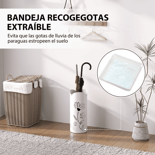 HOMCOM Suporte para Guarda Chuva em Aço com 4 Ganchos Bandeja de Gotejamento Amovível Suporte de Guarda Chuvas Branco para Entrada ou Escritório 17x17x41 cm
