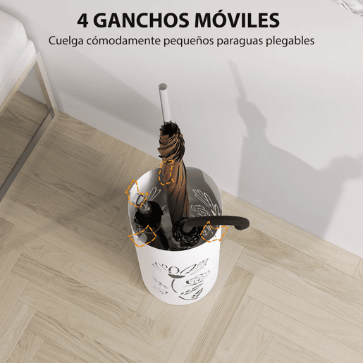 HOMCOM Suporte para Guarda Chuva em Aço com 4 Ganchos Bandeja de Gotejamento Amovível Suporte de Guarda Chuvas Branco para Entrada ou Escritório 17x17x41 cm