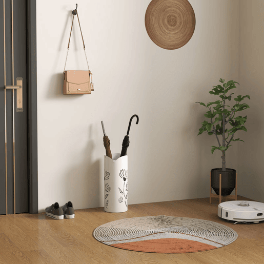 HOMCOM Suporte para Guarda Chuva em Aço com 4 Ganchos Bandeja de Gotejamento Amovível Suporte de Guarda Chuvas Branco para Entrada ou Escritório 17x17x41 cm