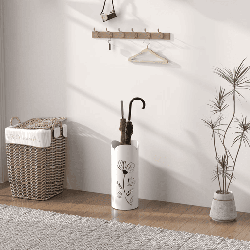 HOMCOM Suporte para Guarda Chuva em Aço com 4 Ganchos Bandeja de Gotejamento Amovível Suporte de Guarda Chuvas Branco para Entrada ou Escritório 17x17x41 cm