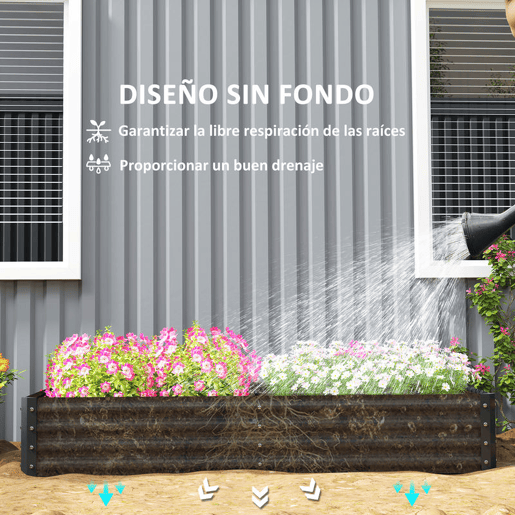 Outsunny Caixa de Plantio de Aço Galvanizado Horta para Cultivar Plantas Flores Ervas Floreira Grande de Exterior Retangular com Fundo Aberto 180x90x30 cm Cinzento Escuro