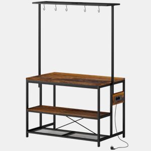 HOMCOM Estante de Cozinha com Tomada de Corrente Estante de Cozinha Estilo Industrial com Prateleiras Ganchos Móvel Auxiliar para Sala de Jantar 116x70x182 cm Marrom Rústico