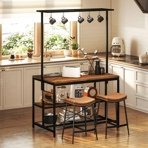 HOMCOM Estante de Cozinha com Tomada de Corrente Estante de Cozinha Estilo Industrial com Prateleiras Ganchos Móvel Auxiliar para Sala de Jantar 116x70x182 cm Marrom Rústico