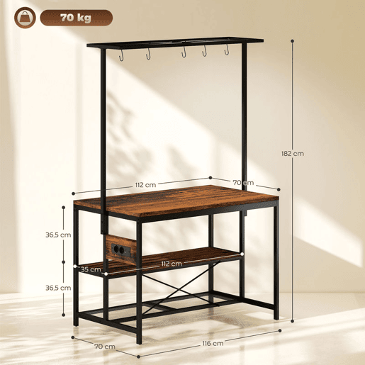 HOMCOM Estante de Cozinha com Tomada de Corrente Estante de Cozinha Estilo Industrial com Prateleiras Ganchos Móvel Auxiliar para Sala de Jantar 116x70x182 cm Marrom Rústico