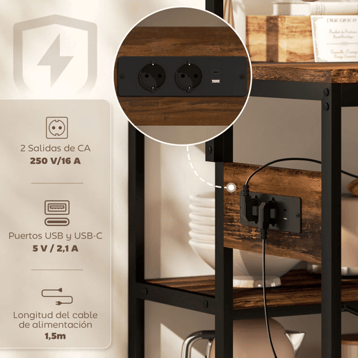 HOMCOM Estante de Cozinha com Tomada de Corrente Estante de Cozinha Estilo Industrial com Prateleiras Ganchos Móvel Auxiliar para Sala de Jantar 116x70x182 cm Marrom Rústico