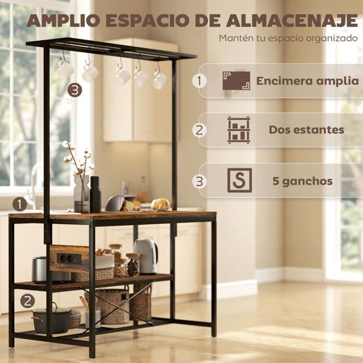 HOMCOM Estante de Cozinha com Tomada de Corrente Estante de Cozinha Estilo Industrial com Prateleiras Ganchos Móvel Auxiliar para Sala de Jantar 116x70x182 cm Marrom Rústico