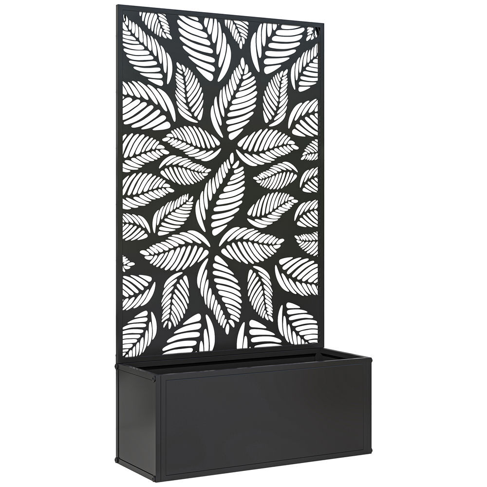 Outsunny jardinera exterior grande de metal jardinera con pantalla de privacidad de hojas decorativas jardinera de pared o independiente para patio terraza 61x23x113 cm negro