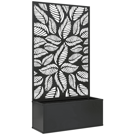 Outsunny Floreira de Exterior Floreira de Metal com Ecrã de Privacidade com Folhas Decorativas Floreira de Parede ou Independente para Pátio Varanda 61x23x113 cm Preto