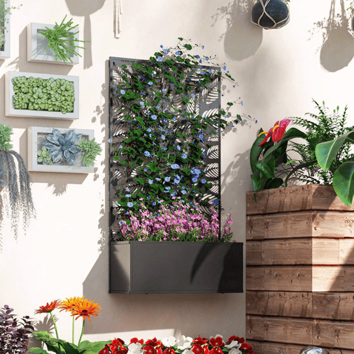Outsunny Floreira de Exterior Floreira de Metal com Ecrã de Privacidade com Folhas Decorativas Floreira de Parede ou Independente para Pátio Varanda 61x23x113 cm Preto