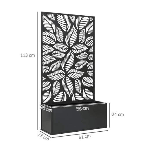 Outsunny Floreira de Exterior Floreira de Metal com Ecrã de Privacidade com Folhas Decorativas Floreira de Parede ou Independente para Pátio Varanda 61x23x113 cm Preto