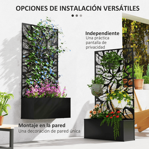 Outsunny Floreira de Exterior Floreira de Metal com Ecrã de Privacidade com Folhas Decorativas Floreira de Parede ou Independente para Pátio Varanda 61x23x113 cm Preto
