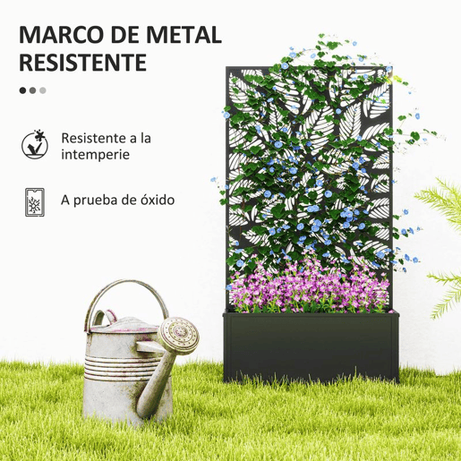 Outsunny Floreira de Exterior Floreira de Metal com Ecrã de Privacidade com Folhas Decorativas Floreira de Parede ou Independente para Pátio Varanda 61x23x113 cm Preto