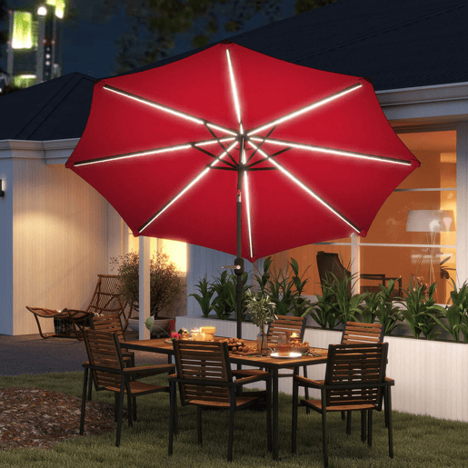 Outsunny Chapéu de Sol para Jardim Ø292x252 cm Chapéu de Sol de Exterior com Inclinação Ajustável até 45° Luzes LED Solares Impermeável e Manivela para Pátio Piscina sem Base Vinho