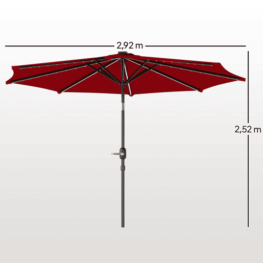 Outsunny Chapéu de Sol para Jardim Ø292x252 cm Chapéu de Sol de Exterior com Inclinação Ajustável até 45° Luzes LED Solares Impermeável e Manivela para Pátio Piscina sem Base Vinho
