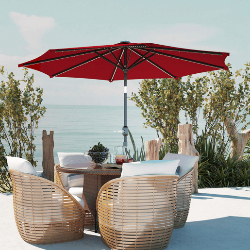 Outsunny Chapéu de Sol para Jardim Ø292x252 cm Chapéu de Sol de Exterior com Inclinação Ajustável até 45° Luzes LED Solares Impermeável e Manivela para Pátio Piscina sem Base Vinho