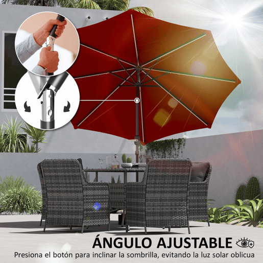 Outsunny Chapéu de Sol para Jardim Ø292x252 cm Chapéu de Sol de Exterior com Inclinação Ajustável até 45° Luzes LED Solares Impermeável e Manivela para Pátio Piscina sem Base Vinho